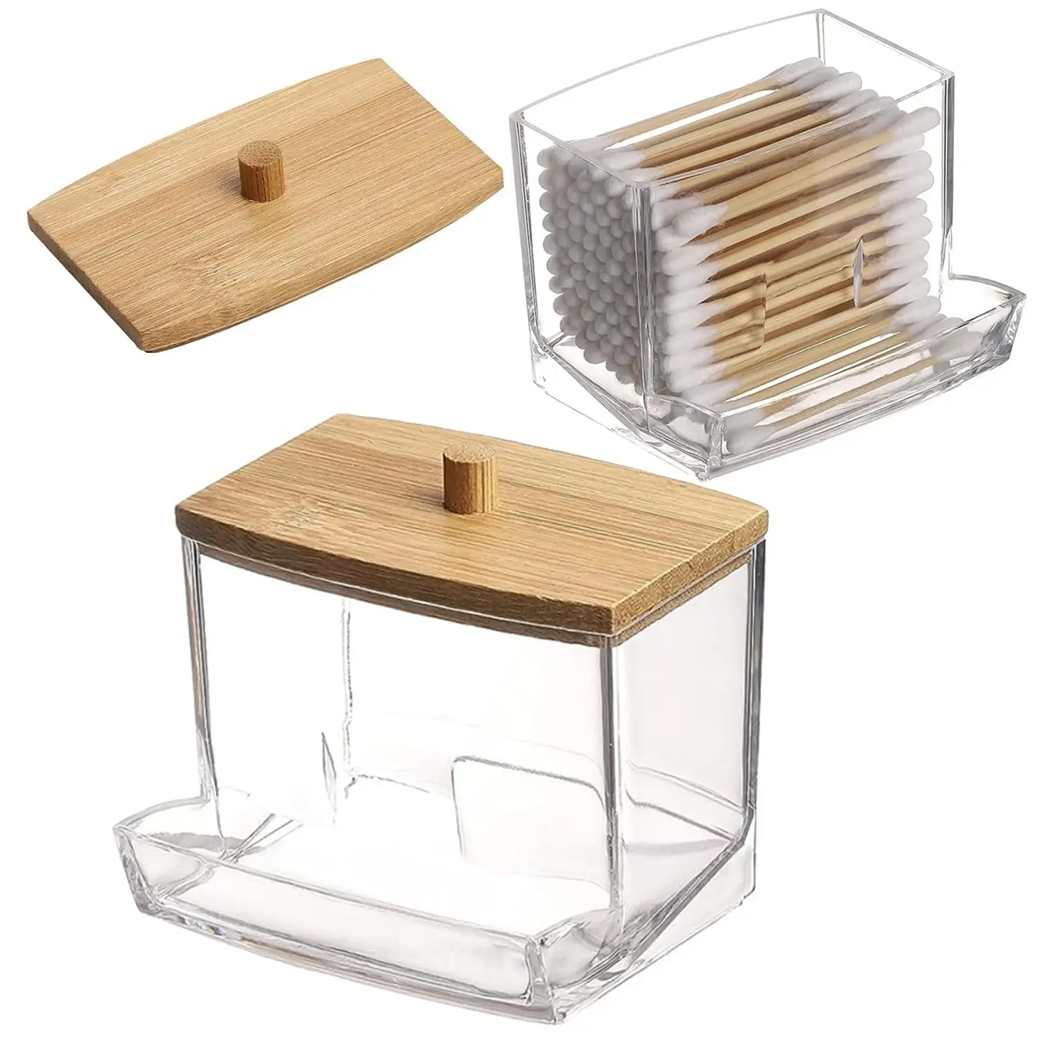 竹蓋付きプラスチックディスペンサー,綿棒ホルダー,バスルーム収納ジャー,収納容器,透明,1個