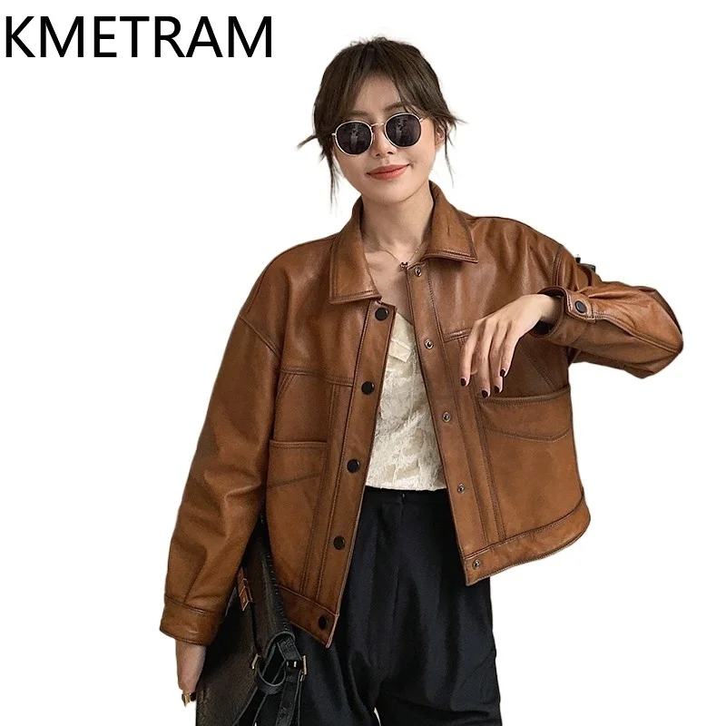 女性用本革ジャケット,シープスキン100%,ヴィンテージブラウンバイクアウター,秋冬服,2024, 2023