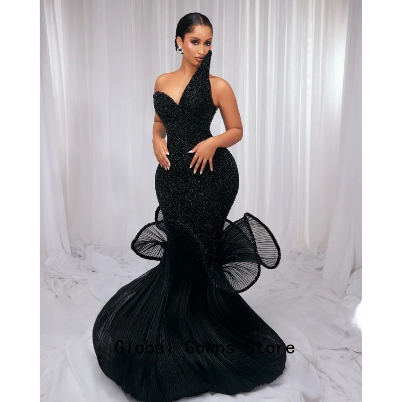 Aso Ebi African Black Evening Dress Ruffles Wedding Party Gown Luxury Dresses Long Prom Gowns Woman 2025 Customized
