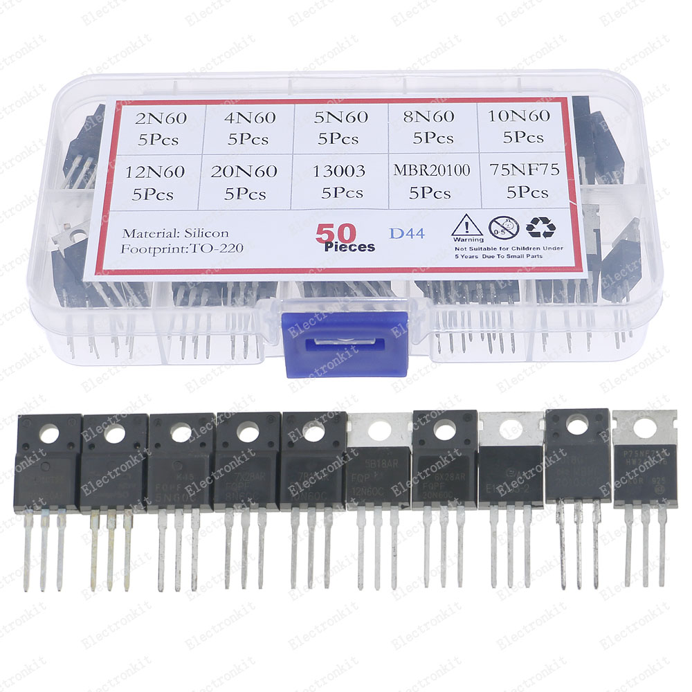 50 sztuk 10 wartości-220 tranzystor Mosfet zestaw 2N60 4N60 5N60 8N60 10N60 12N60 20N60 13003 MBR20100 75NF75