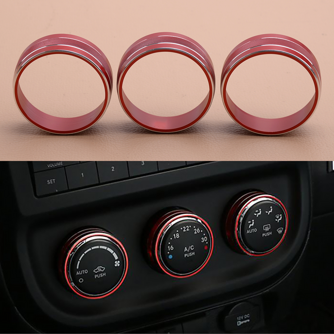 3pcs rosso in lega di alluminio aria condizionata AC interruttore manopola anello Trim decorazione copertura adatta per Dodge Challenger 2009-2012 2013 2014