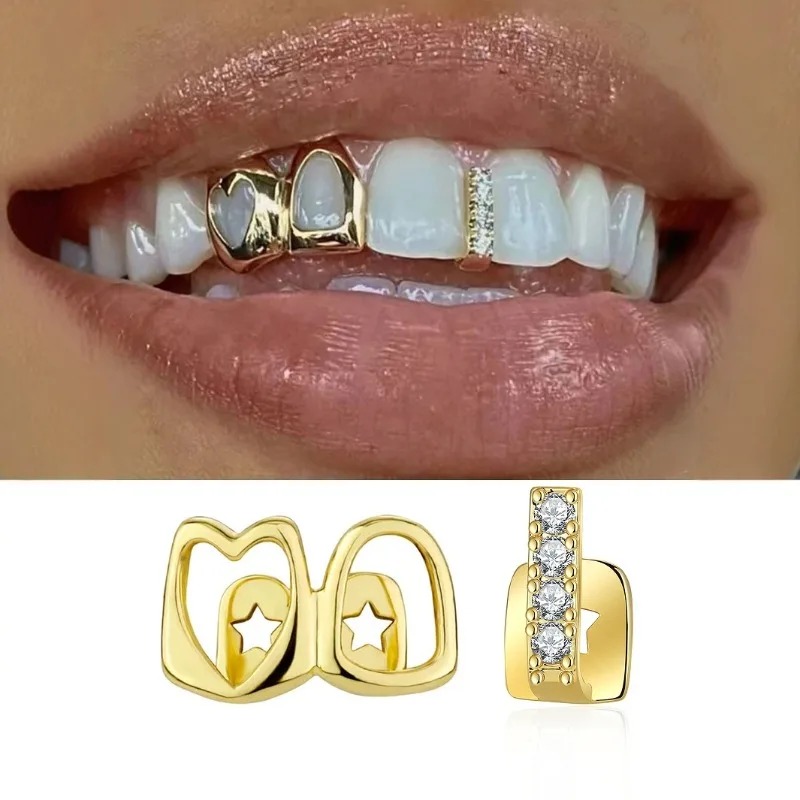 Gouden Grillz tandsieradenset voor mannen en vrouwen, koper ingelegd zirkoon hol hart, dagelijks draagbaar Valentijnscadeau, hiphop