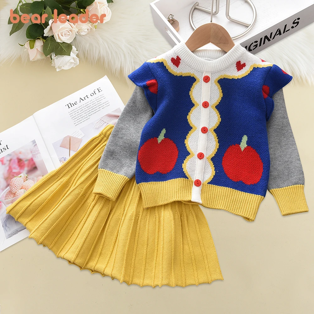 Bear Leader-Costume en Tricot pour Enfant Fille, Pull de Princesse à Motif de Dessin Animé, Robe à Volants, Ensemble de Vêtements