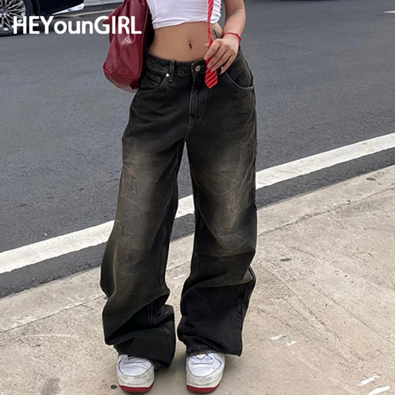 HEYounGIRL Y2K ストリートだぶだぶのジーンズアメリカンレトロファッションルーズデニムパンツ基本グランジローウエストスウェットパンツ韓国女性 2024