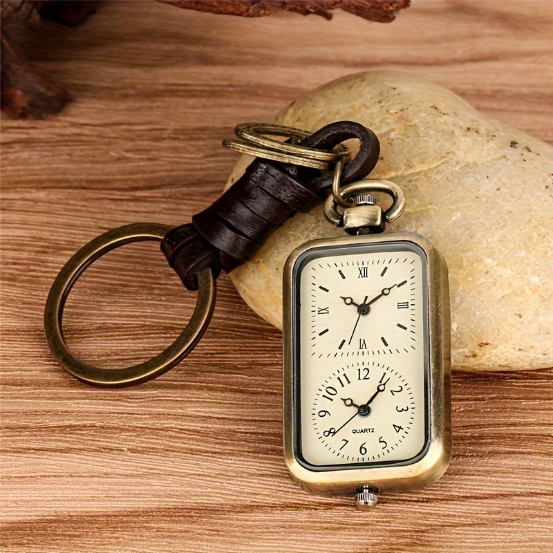 Chaveiro de bronze relógio de bolso quadrado retro duplo tempo movimento relógio de quartzo sem capa pingente estilo antigo