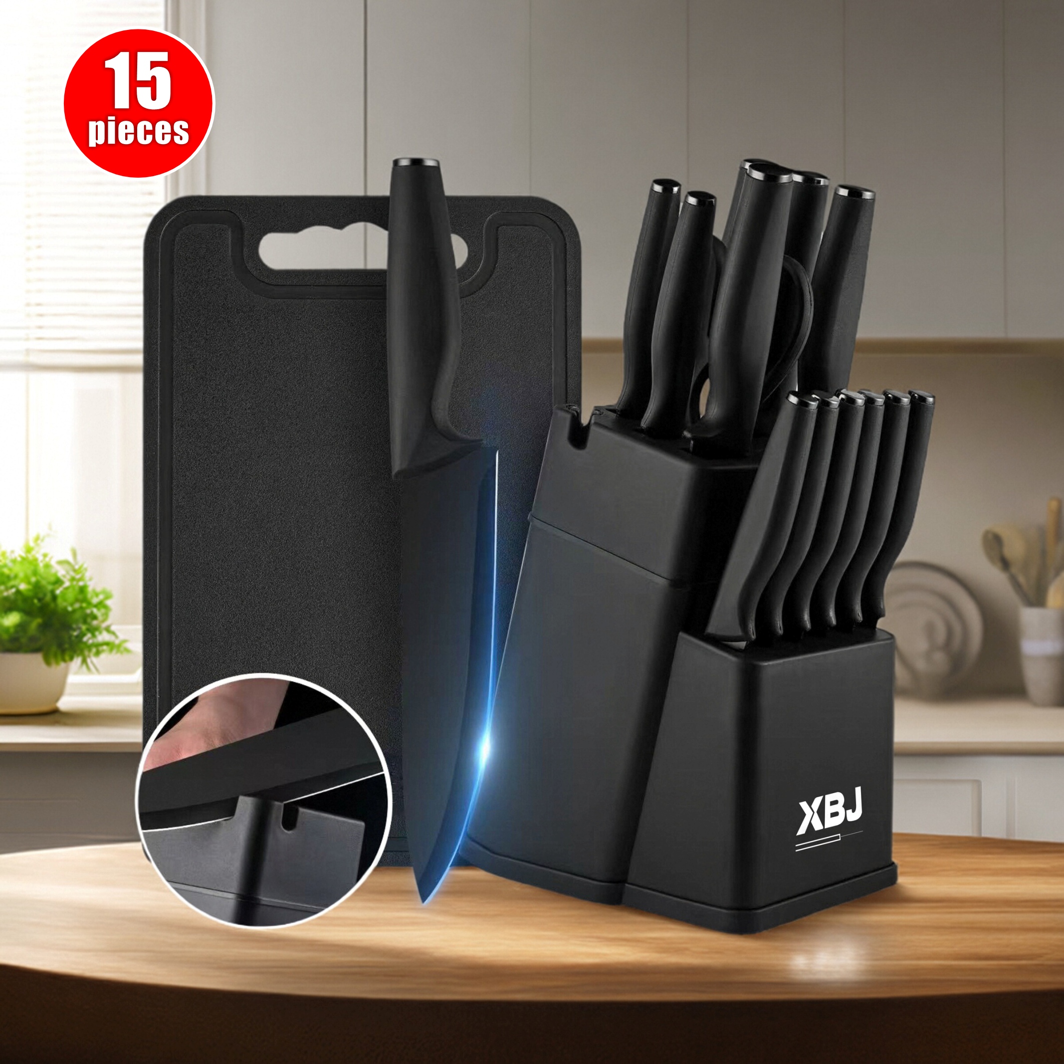 Juego de 15 cuchillos de cocina de acero inoxidable, multiusos, ergonómicos para un uso prolongado sin cansancio, corte completo y versátil.