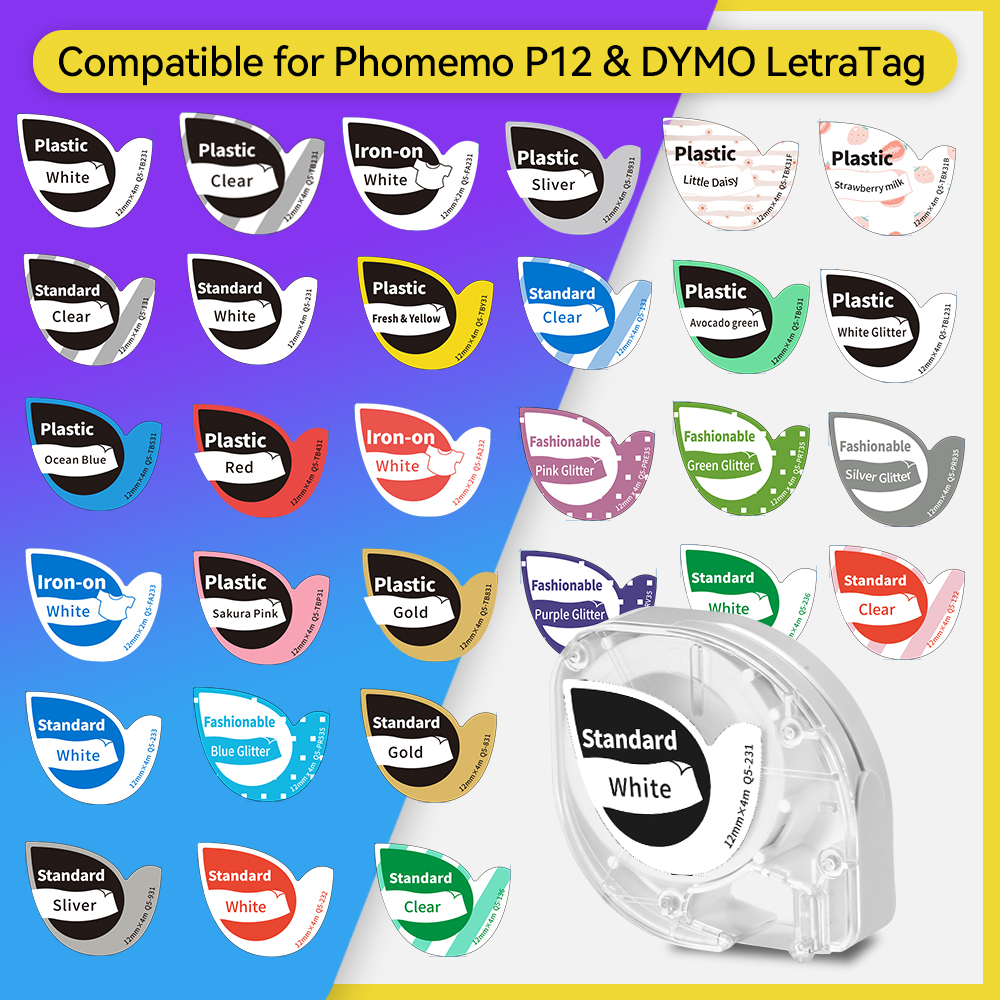 Phomemo P12/P12PRO taśma etykietowa 12mm biała kompatybilna z etykieciarką DYMO Letratag 4m żaroodporna samoprzylepna etykieta odzieżowa