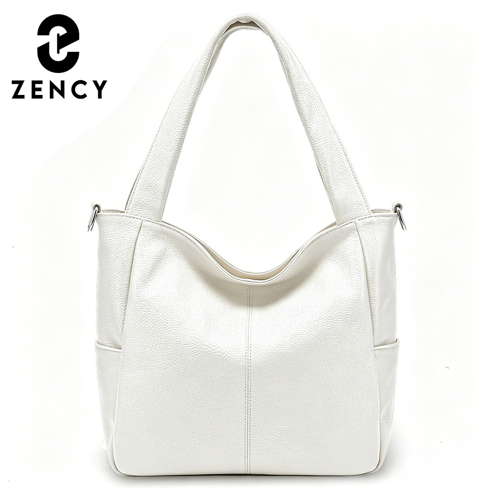 Zency Pure White schoudertas Echt leer Dames Tote Handtas Grote capaciteit voor werk Crossbody met brede handgreep en lange riem