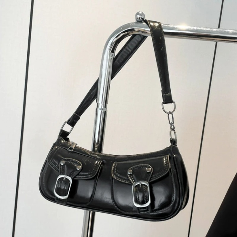 Fashion Pu Leather Women's Shoulder Bag Small Double Pocket Design Ladies Underarm Bags Y2k Vintage Female Handbags Clutch Purse