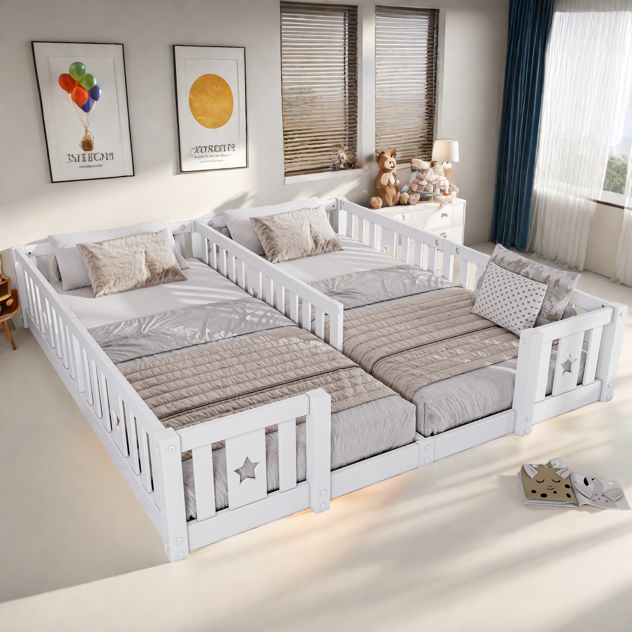 Łóżko dziecięce Rosahqnda, łóżko podłogowe 90x200cm z barierką, drewniane łóżko sosnowe dla rodzin z 2 dziećmi, łóżko pojedyncze dla dzieci.