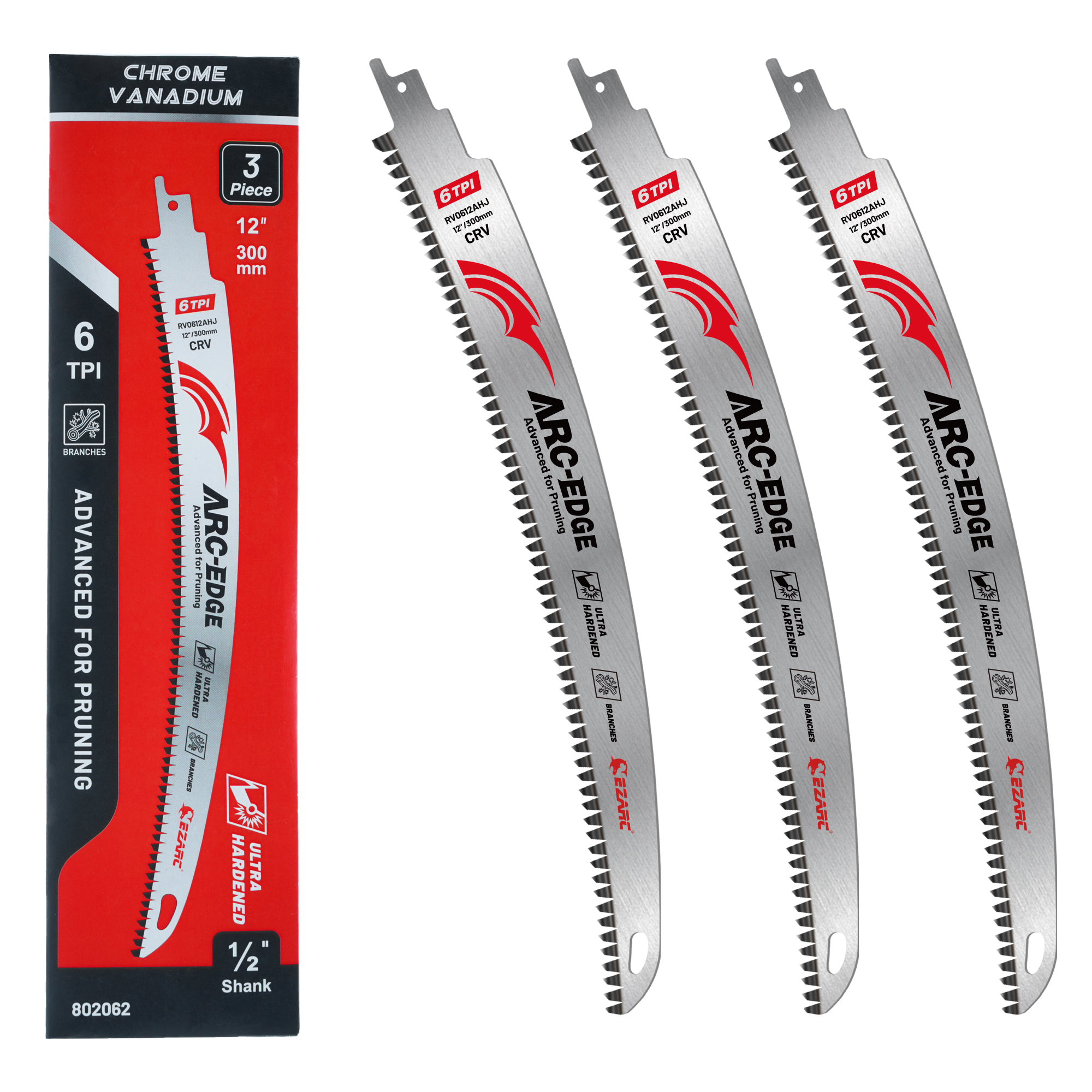 Hojas de sierra alternativas EZARC de 12 pulgadas con dientes japoneses, 3 uds., hojas de sierra de poda de madera con borde de arco, 6TPI para recortar árboles, corte de madera