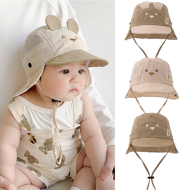 Letni kapelusz dziecięcy Cartoon Bear Ear Embroidery Quick Dry Fisherman Hats for Boys Girls Neck Protection Kids Panama Hat Breathable