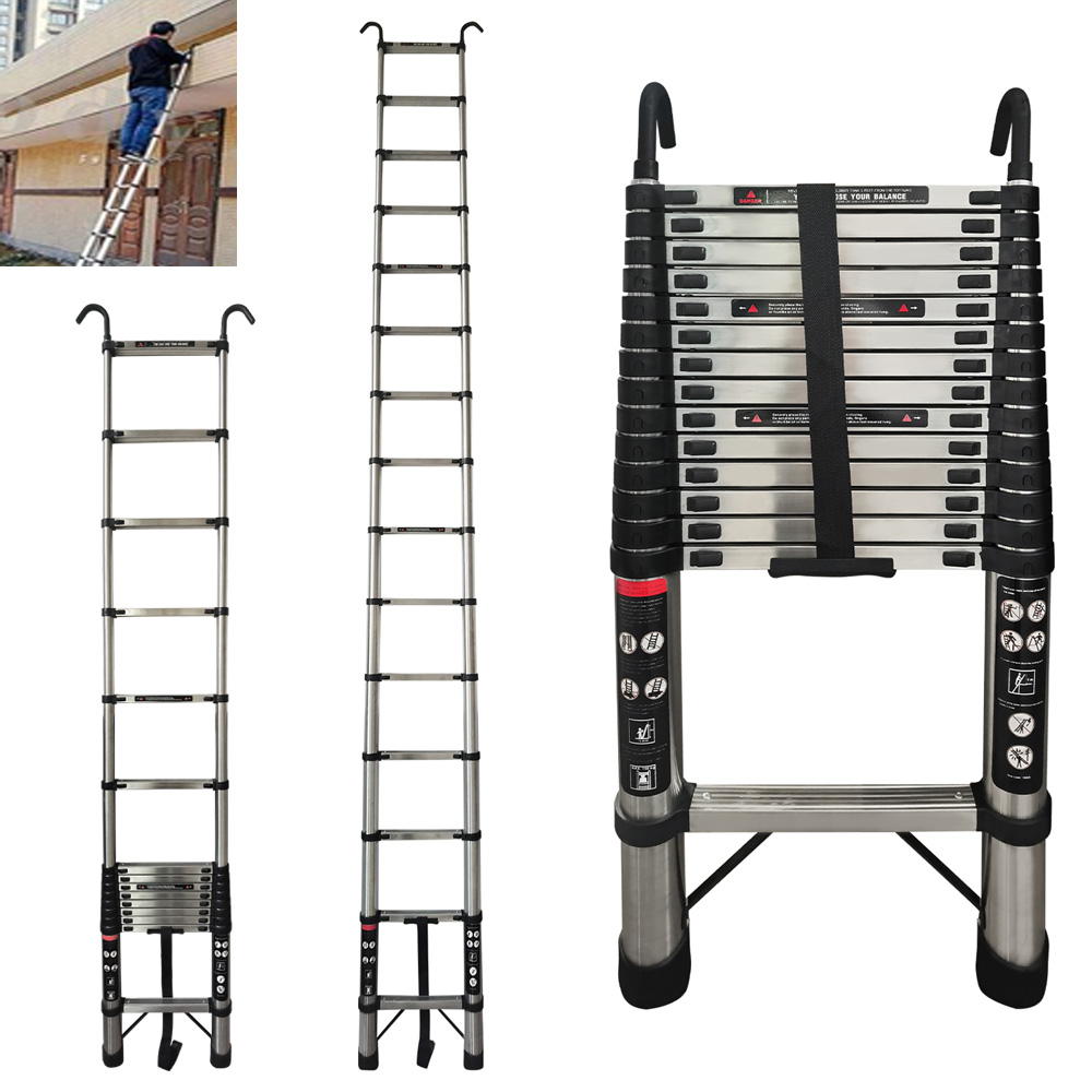 Telescopische ladder 4,4 m nieuwste roestvrijstalen zware draagbare compacte ladder met haken 14,5 ft multifunctioneel inklapbaar