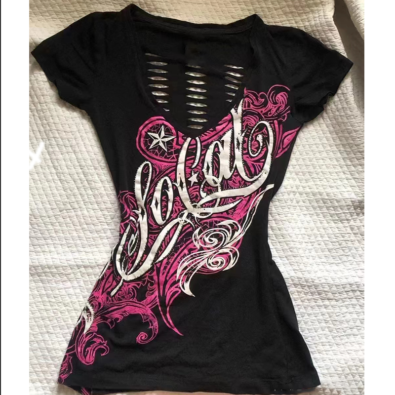 Pakaian Desain Berongga Vintage Amerika Musim Panas Kaus Punk Y2K Wanita Kaus Lengan Pendek Ramping Atasan Cetak Chic Harajuku Gotik