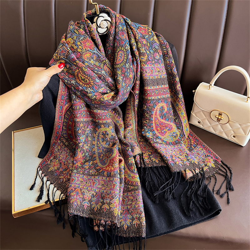 Jesienne szale pashmina w stylu boho z żakardowym wzorem paisley dla kobiet, chusty, ciepłe, grube szale z kaszmiru, damskie bufandy, szale podróżne.