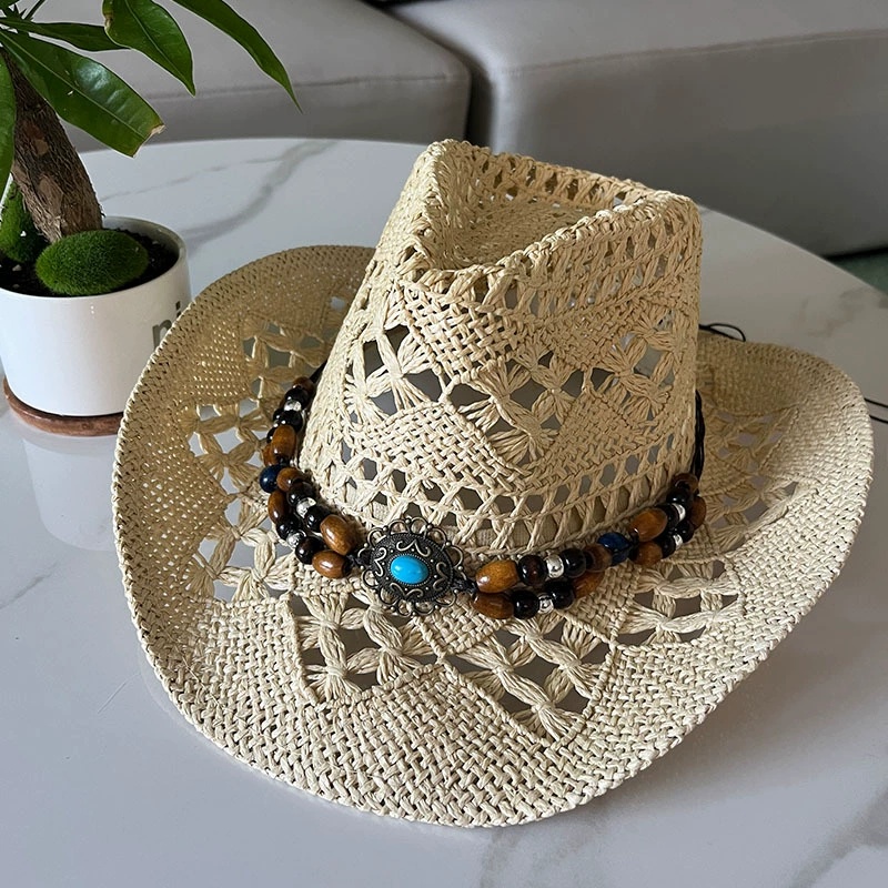 Sombrero de Paja Bohemio Vintage de Verano para Playa, con Conchas y Cuentas de Madera, Estilo Vaquero Occidental, para Mujer y Hombre, Sombrero de Sol Calado, Gorra de Vacaciones