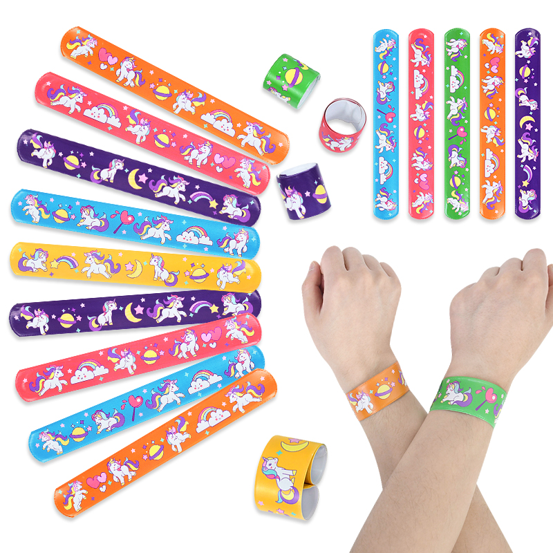 10 Uds. De unicornio de dibujos animados, círculo de palmada, tema Animal para niña, decoración para fiesta de 1er cumpleaños, juguete para regalo para niños, pulseras de bofetada de dinosaurio sirena