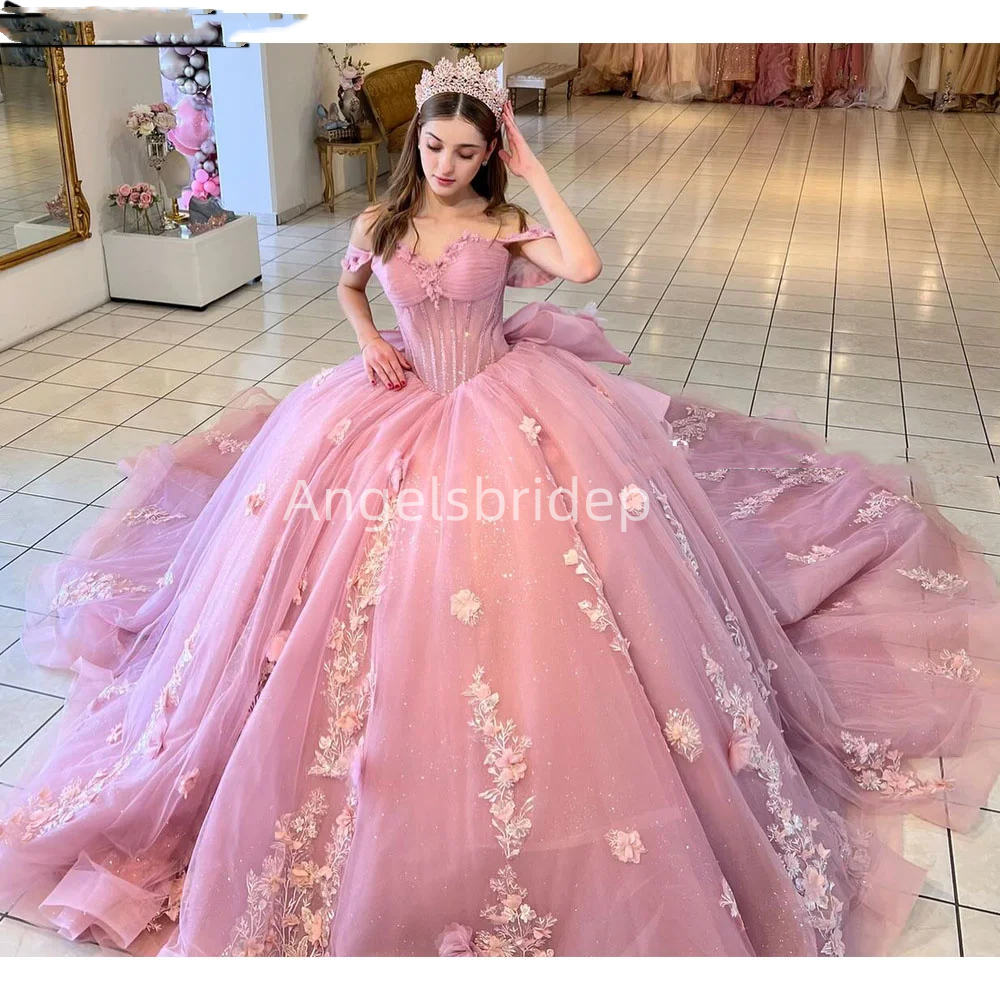 Angelsbridep-vestido De baile rosa personalizado, vestido para quinceañeras De 15 años, Vestidos De noche para niñas, Vestidos De Fiesta con lazo grande 2025