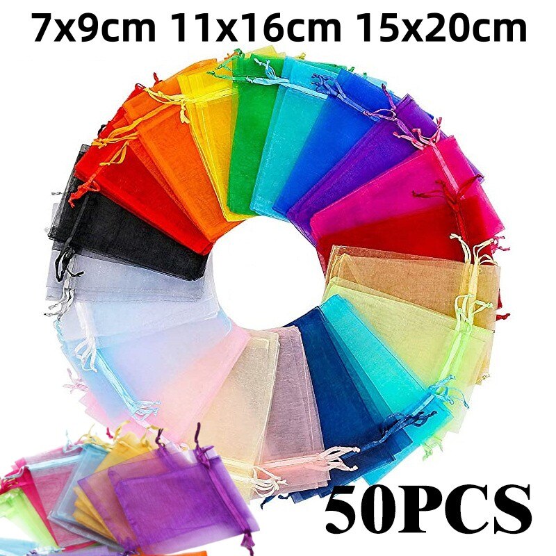 50 buah/lot tas kemasan perhiasan multiwarna 7*9 11*16 15*20cm tas Organza penyimpanan hadiah tas serut pernikahan grosir