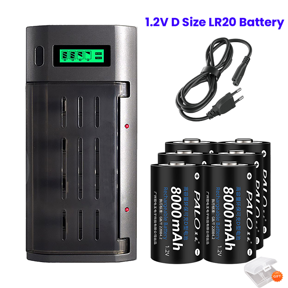 2-12 sztuk akumulatorów D LR20 R20 1,2 V NI-MH typu D 8000 mAh akumulatory D + inteligentna ładowarka LCD