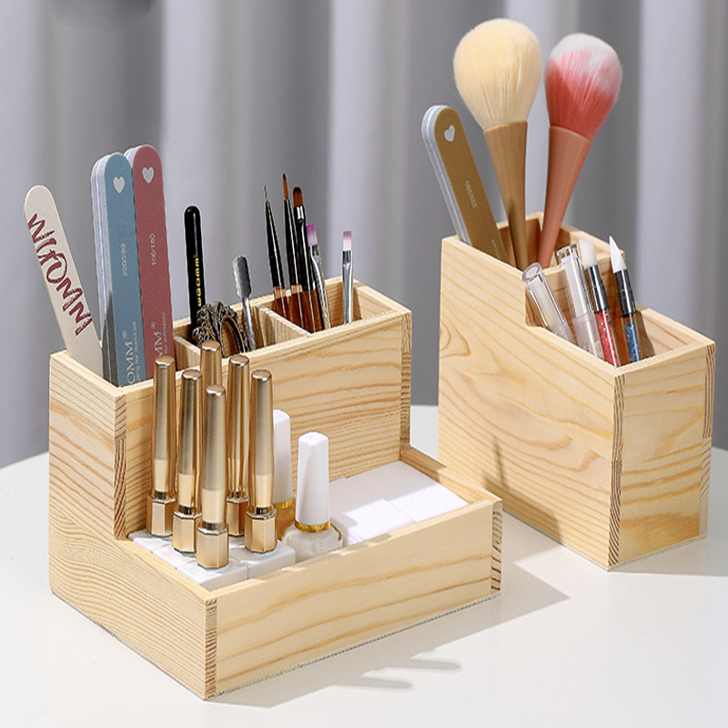 1Piece Drewniane pudełko do przechowywania na biurko Narzędzia do manicure Pędzle do zdobienia paznokci Uchwyt na długopisy Dwuwarstwowy organizer na narzędzia do makijażu lakieru do paznokci