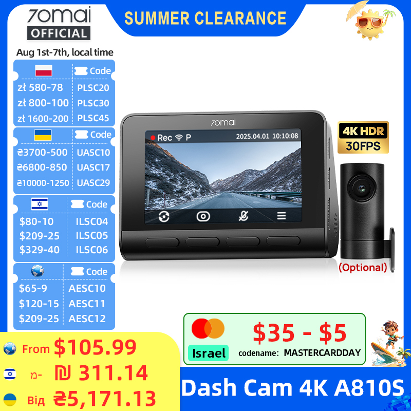 70mai Dash Cam 4K A810S HDR IMX678 Supercapacitor 4G LTE Remote Control Wi-Fi 6 Kontrol Suara GPS ADAS Kamera Mobil 70mai A810S