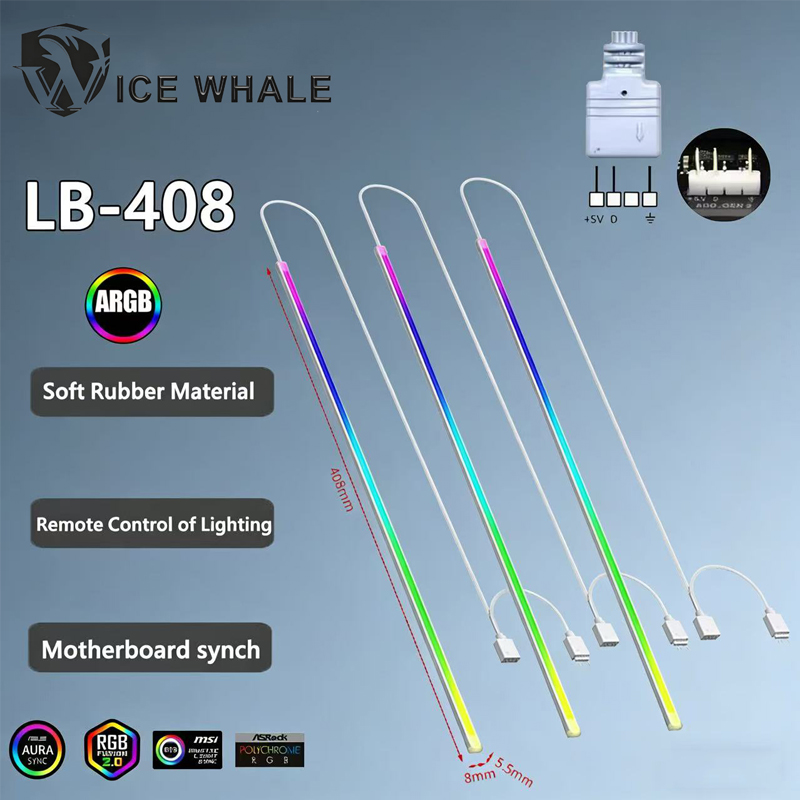 ICE Whale LB-408 Strip Lampu Karet Lunak ARGB Addressable 40CM Dekorasi DIY Casing PC 5V 3Pin Strip Lampu Pelangi