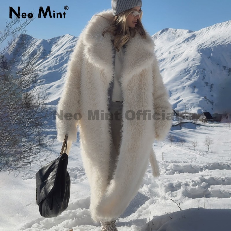 Neo mint 2025 marca de inverno moda estilo russo menina com cinto maxi casaco de pele peluda feminino jaqueta de pele de cordeiro falso quente grosso outerwear