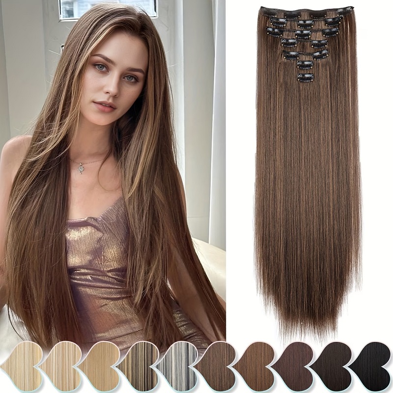 Extensiones de Cabello Sintético de 24 Pulgadas, 7 Piezas/Juego, Largas y Lisas, con Clip, Invisibles, para Mujeres, Uso Diario y Fiestas