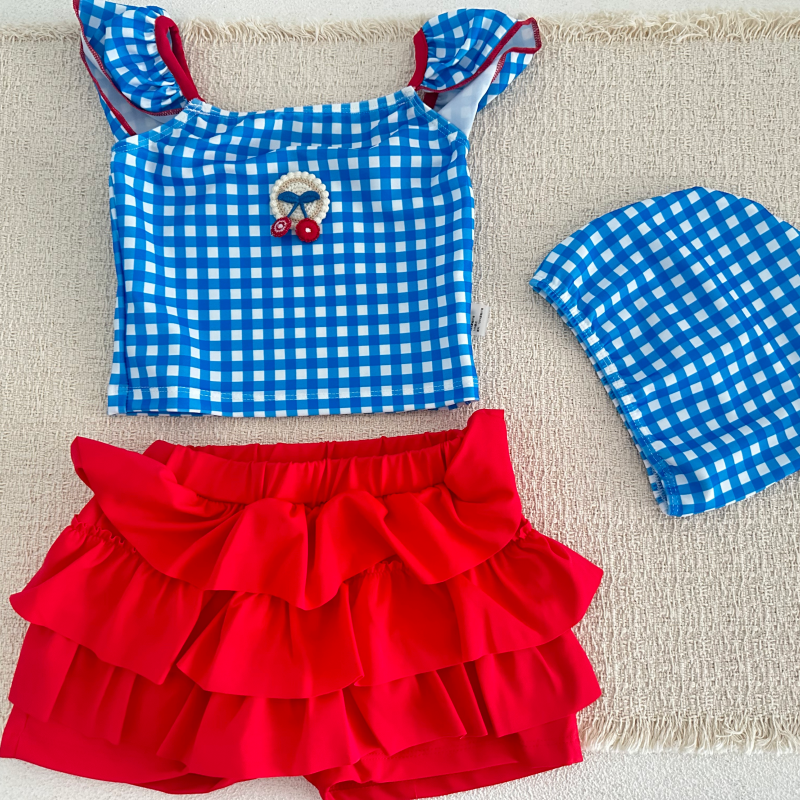 Traje de Baño de 3 Piezas para Niñas de 2 a 9 Años, Estilo Coreano, Verano 2026, con Estampado a Cuadros, Ropa de Baño para Niñas, Ropa Deportiva Acuática