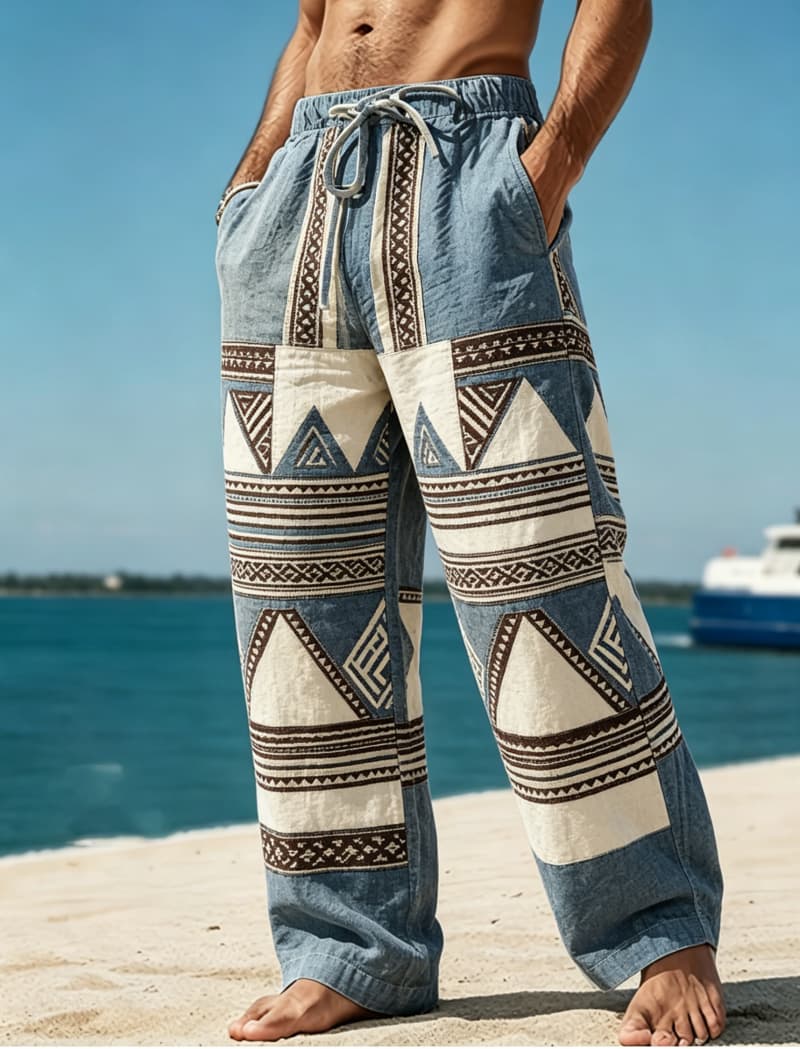 Heren casual broek met geometrische tribemotieven en etnische stijlpatronen, geschikt voor strand, reizen en dagelijks dragen