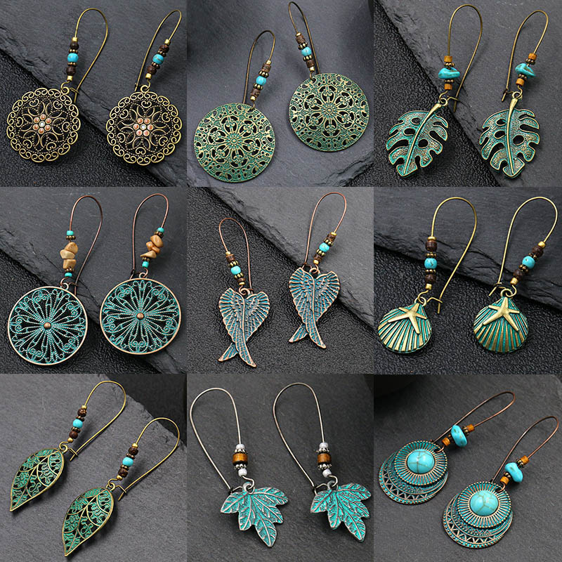 Anting-anting menjuntai kait telinga besar Bohemia Vintage untuk wanita anting-anting Boho bulat berongga bunga sayap daun geometris etnik perhiasan antik