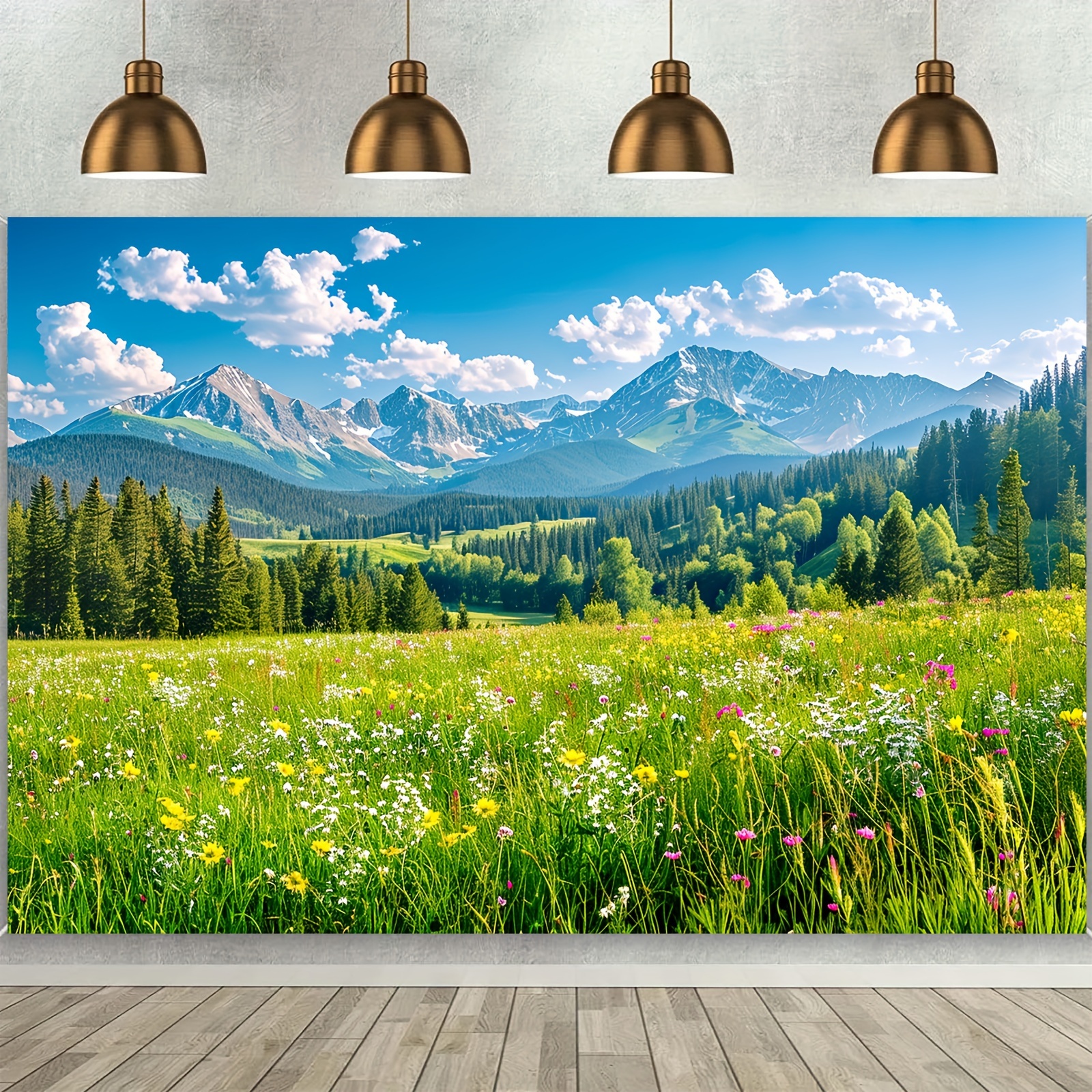 Wiosenna sceneria, zielone łąki, sosny, tło lasu, fotografia, kemping, przygoda, tło imprezy, baner