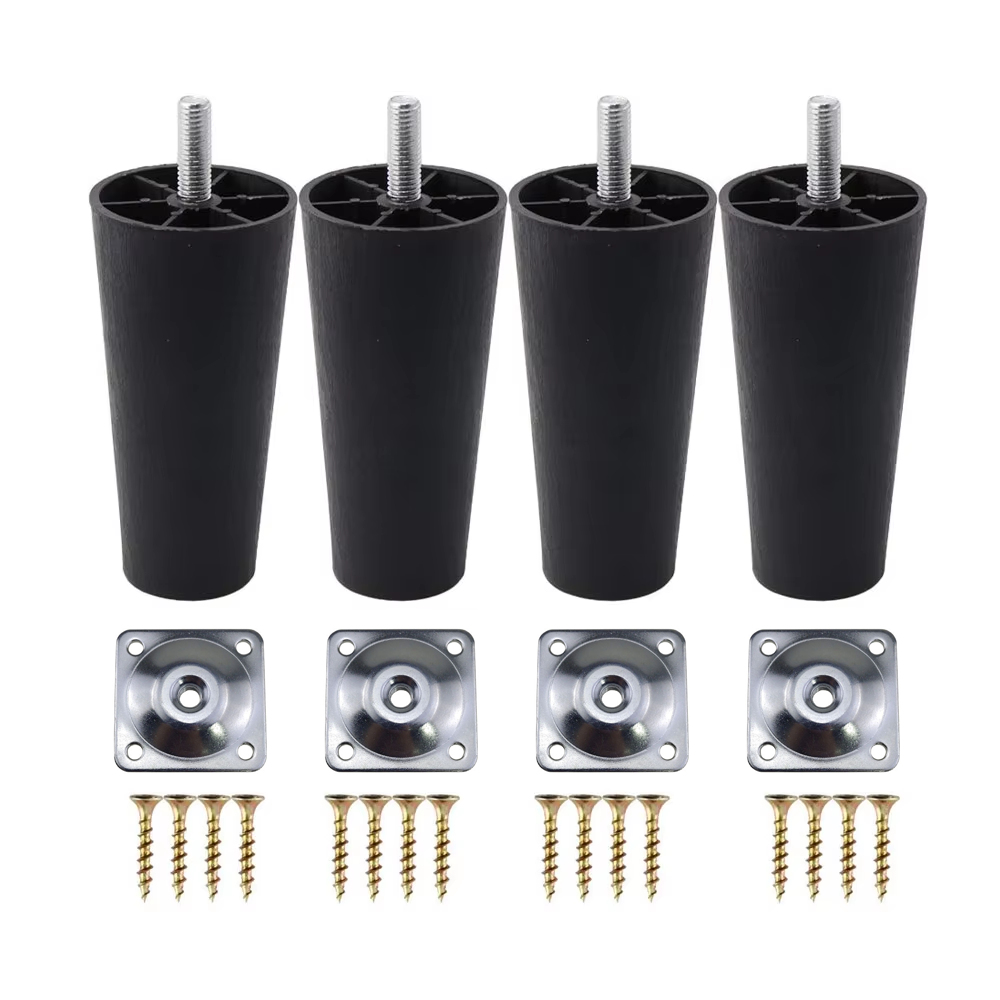 Patas redondas cónicas de plástico negro para muebles, 4 Uds., con placas de montaje, vástago de rosca M8 * 25 para sofá y silla de 4 a 12cm de altura