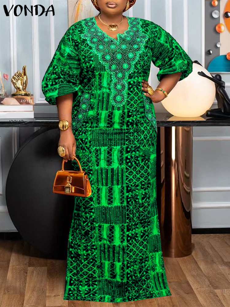 Vestido largo bohemio de talla grande 5XL VONDA de verano para mujer, vestido veraniego estampado a la moda con mangas abullonadas en V Neek, Vestidos informales sueltos