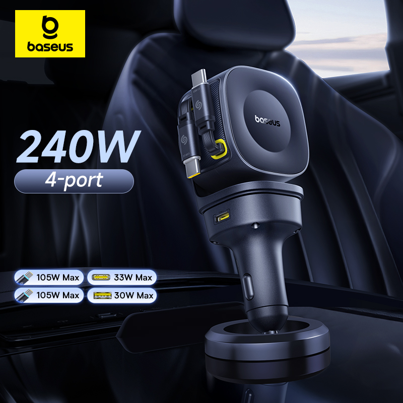 Baseus Caricabatteria da auto da 240 W 4 porte Cavo retrattile integrato Caricatore per telefono da auto USB tipo C a ricarica rapida per Samsung iPhone Xiaomi