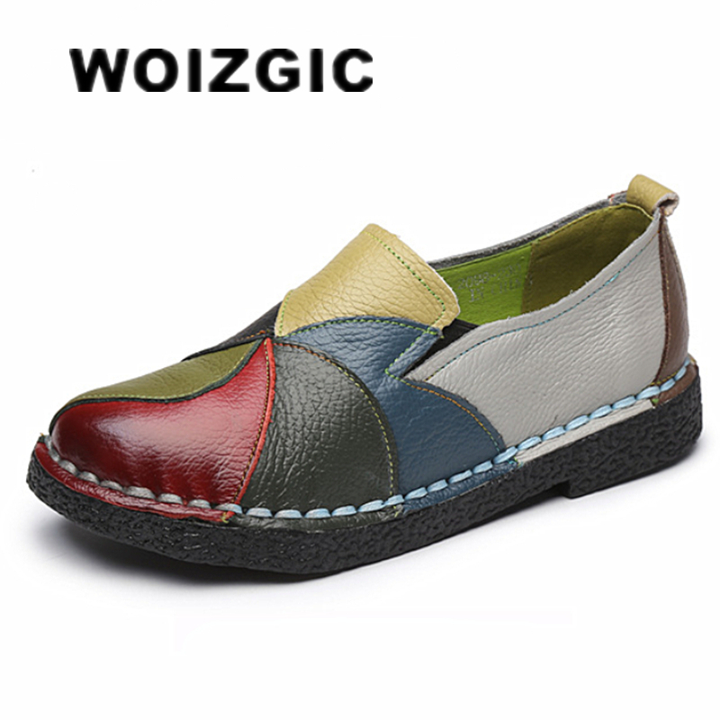 WOIZGIC Damskie buty damskie dla kobiet i matek Płaskie mokasyny z prawdziwej skóry Mieszane kolorowe antypoślizgowe buty Plus Size 42