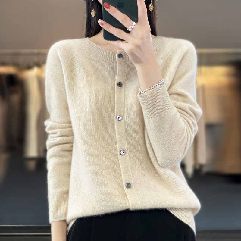 Maglione da donna in lana merino 100% autunno inverno O-Collo prima linea cardigan senza cuciture manica lunga abbigliamento maglieria in cashmere top