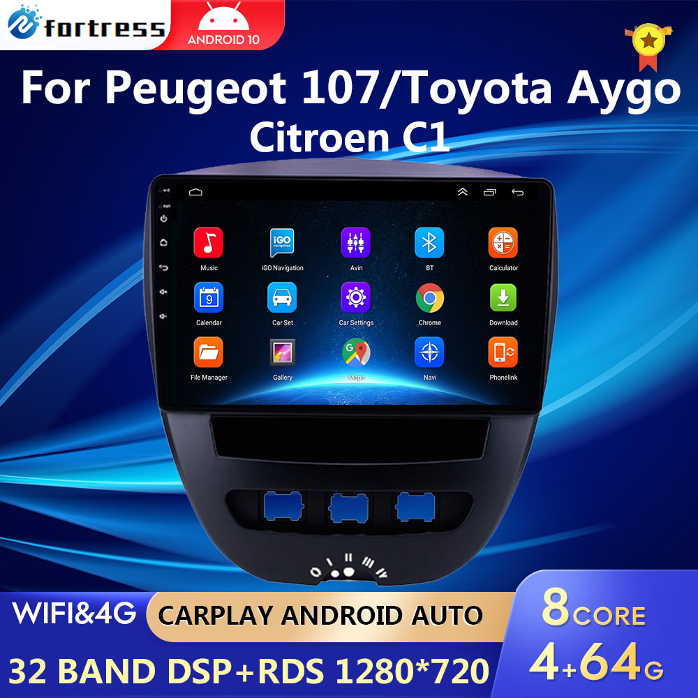 Автомобильный мультимедийный плеер 2 Din, Android 10, для Peugeot 107, Toyota Aygo, Citroen C1 2005-2014, стерео, GPS-навигация, BT, Wi-Fi