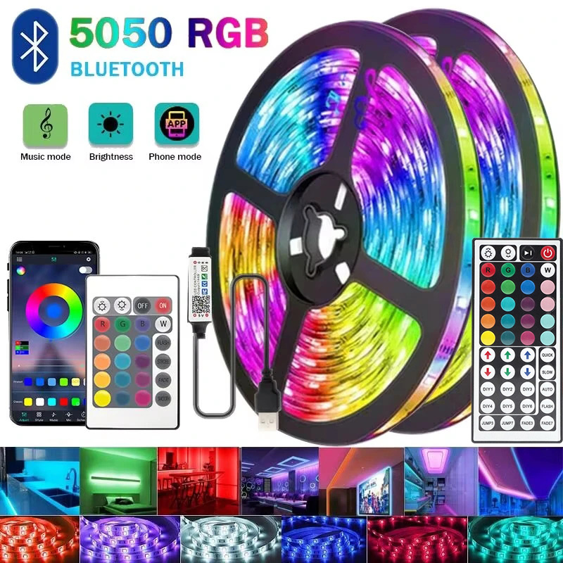 Faixa de luz led rgb, aplicativo bluetooth com 24/44 teclas, sincronização remota de música, fita flexível, luz de fundo de tv, quarto, sala de estar, decoração de férias