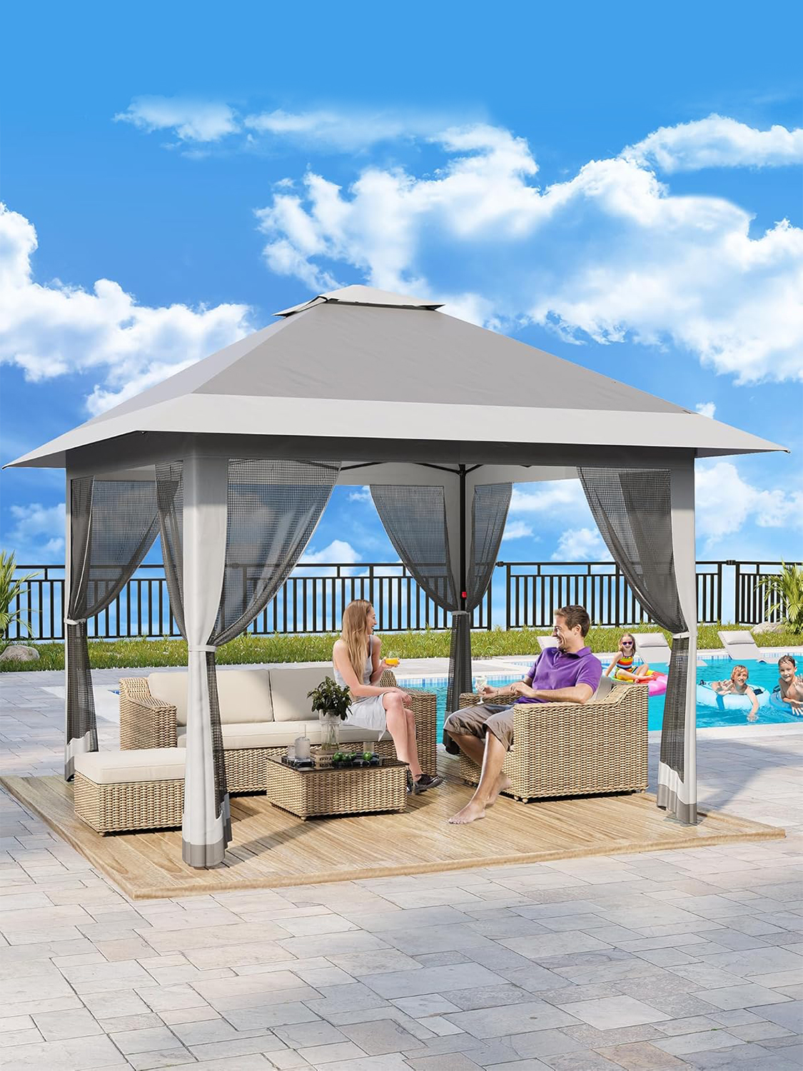Gazebo pop-up 13x13FT, tenda a baldacchino con zanzariera, gazebo da patio esterno, tenda da cortile per feste, matrimoni, cene all'aperto