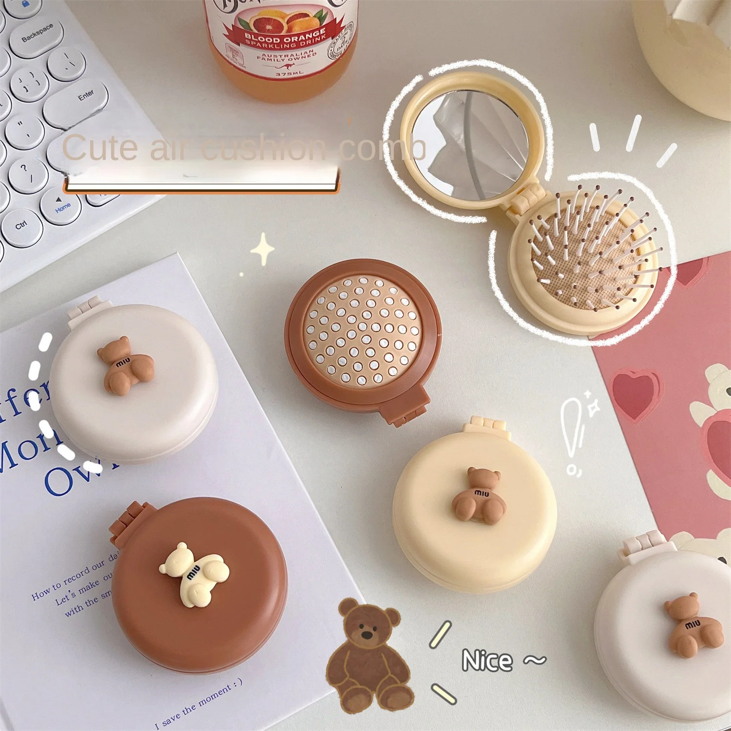 Mini oso masajeador de cabeza plegable, bolsa de aire de dibujos animados, peine de pelo, accesorios de peinado antiestáticos, cepillo de pelo portátil para niños y niñas