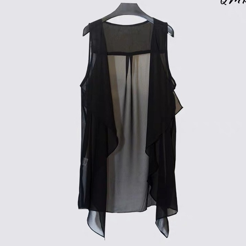 Chaqueta holgada de chifón para mujer, rebeca sin mangas, talla grande, versión coreana, color negro