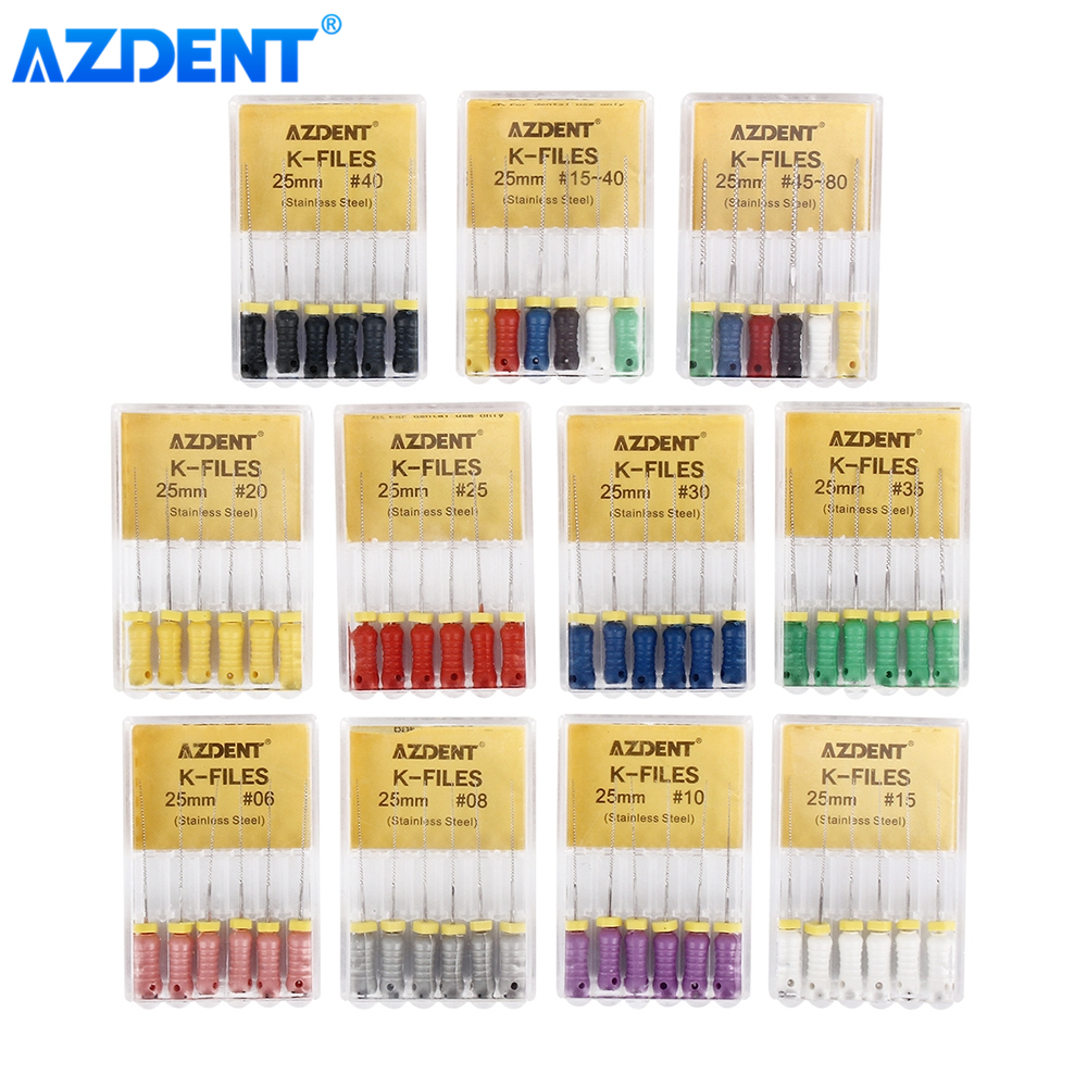 AZDENT 6 stks/doos Tandheelkundige Hand Gebruik K-Bestanden 21/25/31mm Rvs Endodontische Wortelkanaalbehandeling bestanden Tandarts Gereedschap Lab Instrumenten
