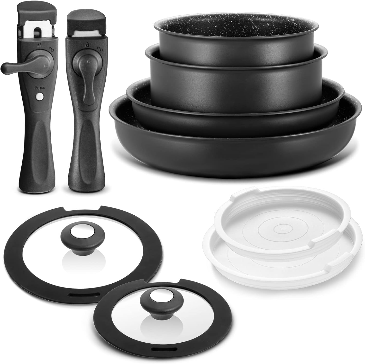 Induktionskochgeschirr-Set 10-teilig, antihaftbeschichtetes Töpfe- und Pfannenset mit abnehmbaren Griffen, für alle Kochfelder, stapelbares Design, Spülmaschine/