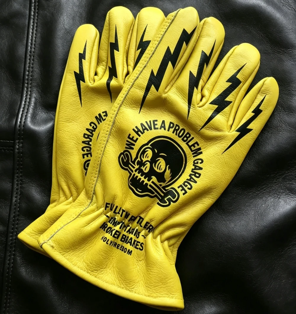 Vintage Skull Print Leather Motorcycle Gloves Multi-Purpose for Gardening Camping Riding Outdoor Use Cowhide Leather Work Gloves