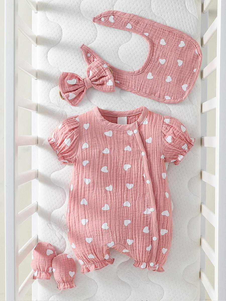 Baby Girls 4 szt. Letnie, okrągłe, bawełniane, miękkie nadruki w kształcie serca Streetwear Śliczne body