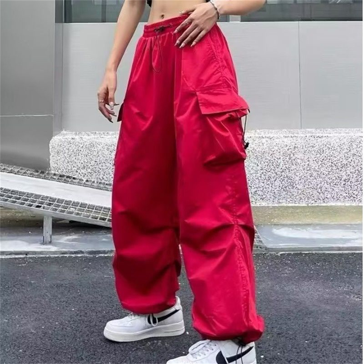 Vermelho y2k hip hop bolsos calças de carga feminina cintura alta solta streetwear baggy calças táticas moda hip hop dança calças femininas