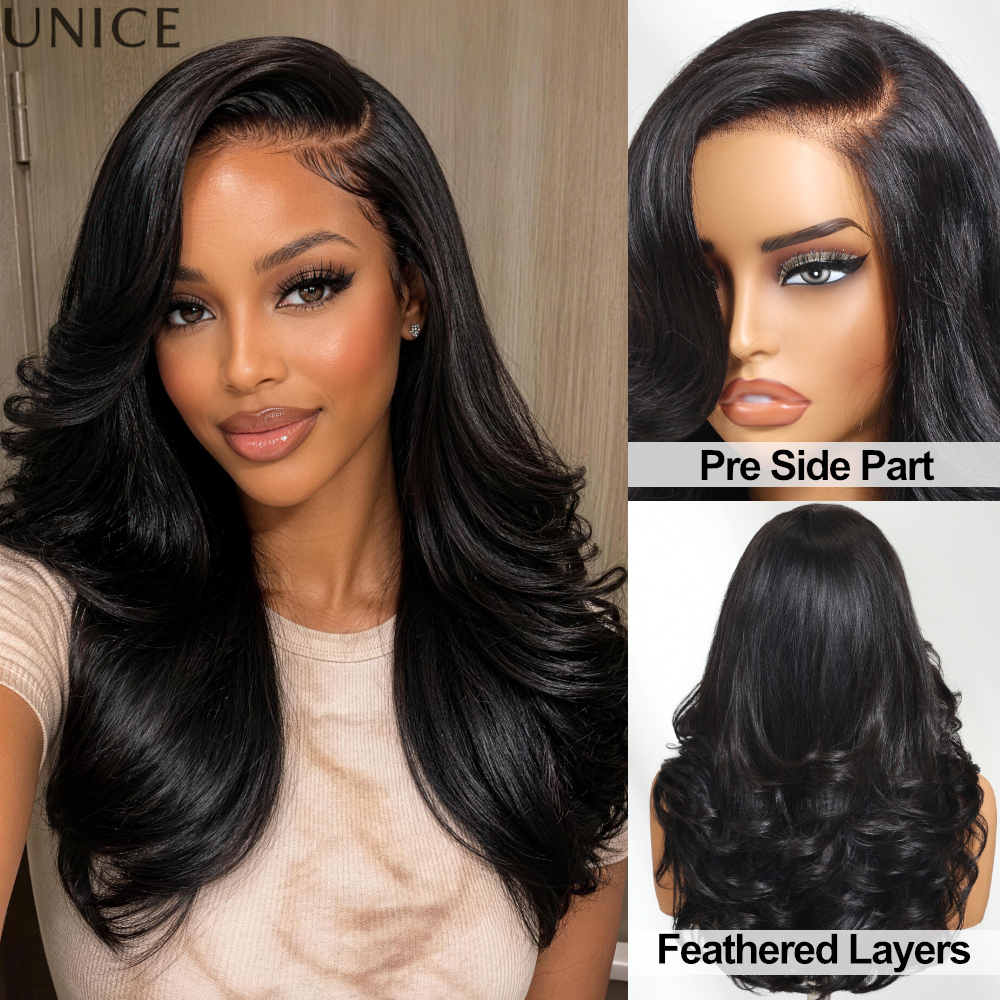 UNice 200% Density Feathered Layer Left Side Part Loose Wave Wig No-Slip 7x5 Lace Glueless Human Hair Wigs Ready To Wear Go