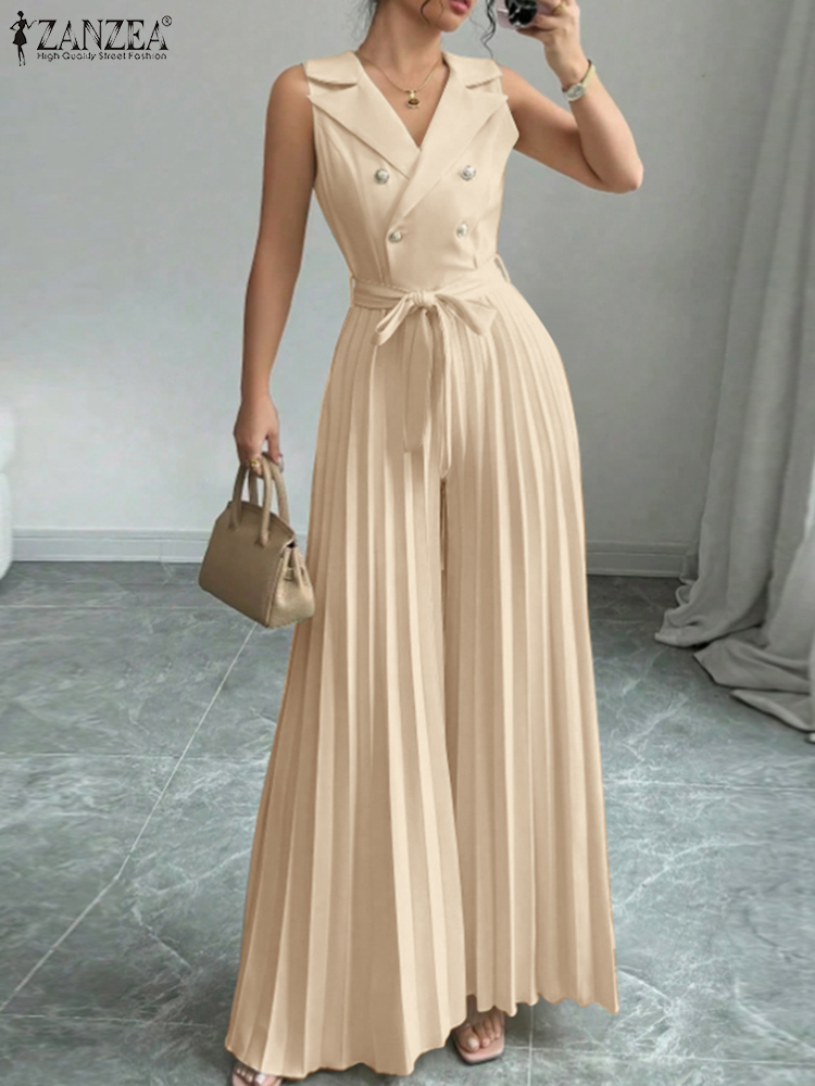 Mode Frauen Overalls 2025, ZANZEA Sommer Strampler, Elegante Breite Bein Arbeit OL Overalls V-ausschnitt Ärmellose Plissee Overall Hosen